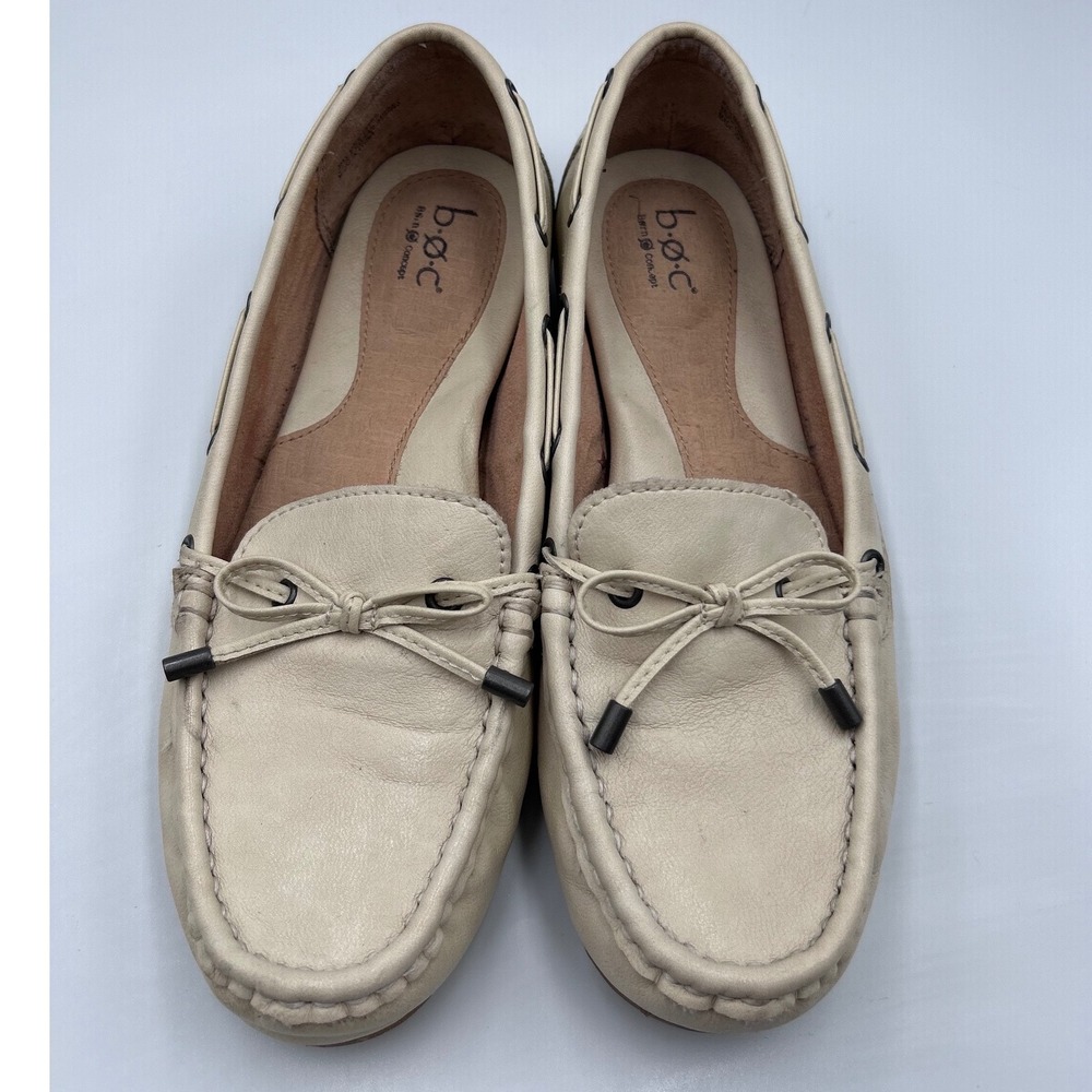 b.o.c. Born Concept Cream Leather Moc Toe Bow Loafers C60102 Womens 9M